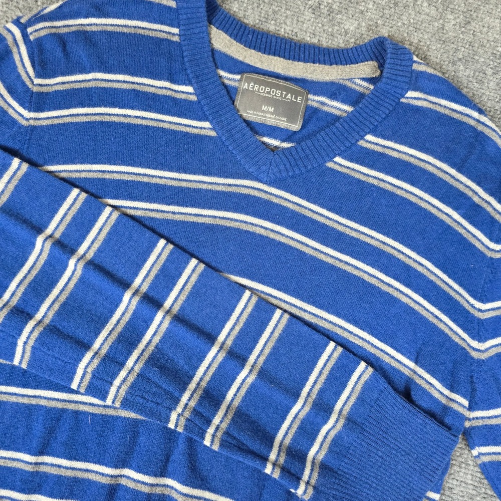 Aeropostale A87 Blue Striped V-Neck Sweater‎ Womens Medium Cotton Wool Blend
